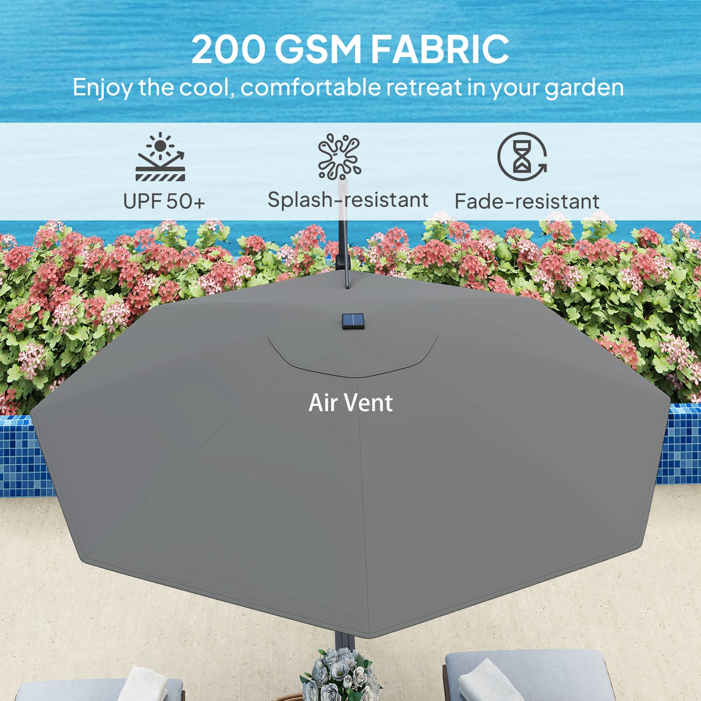 3(m) Garden Parasol w/ Lights, Crank Handle & Cross Base, Dark Grey