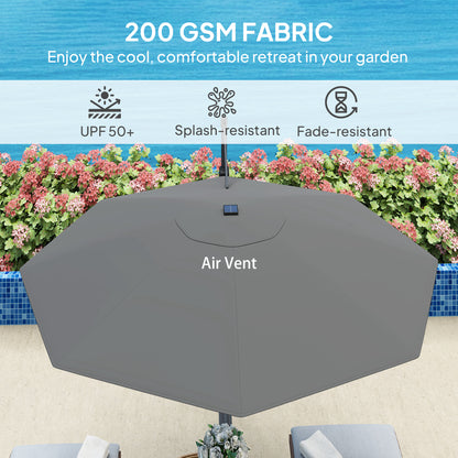 3(m) Garden Parasol w/ Lights, Crank Handle & Cross Base, Dark Grey