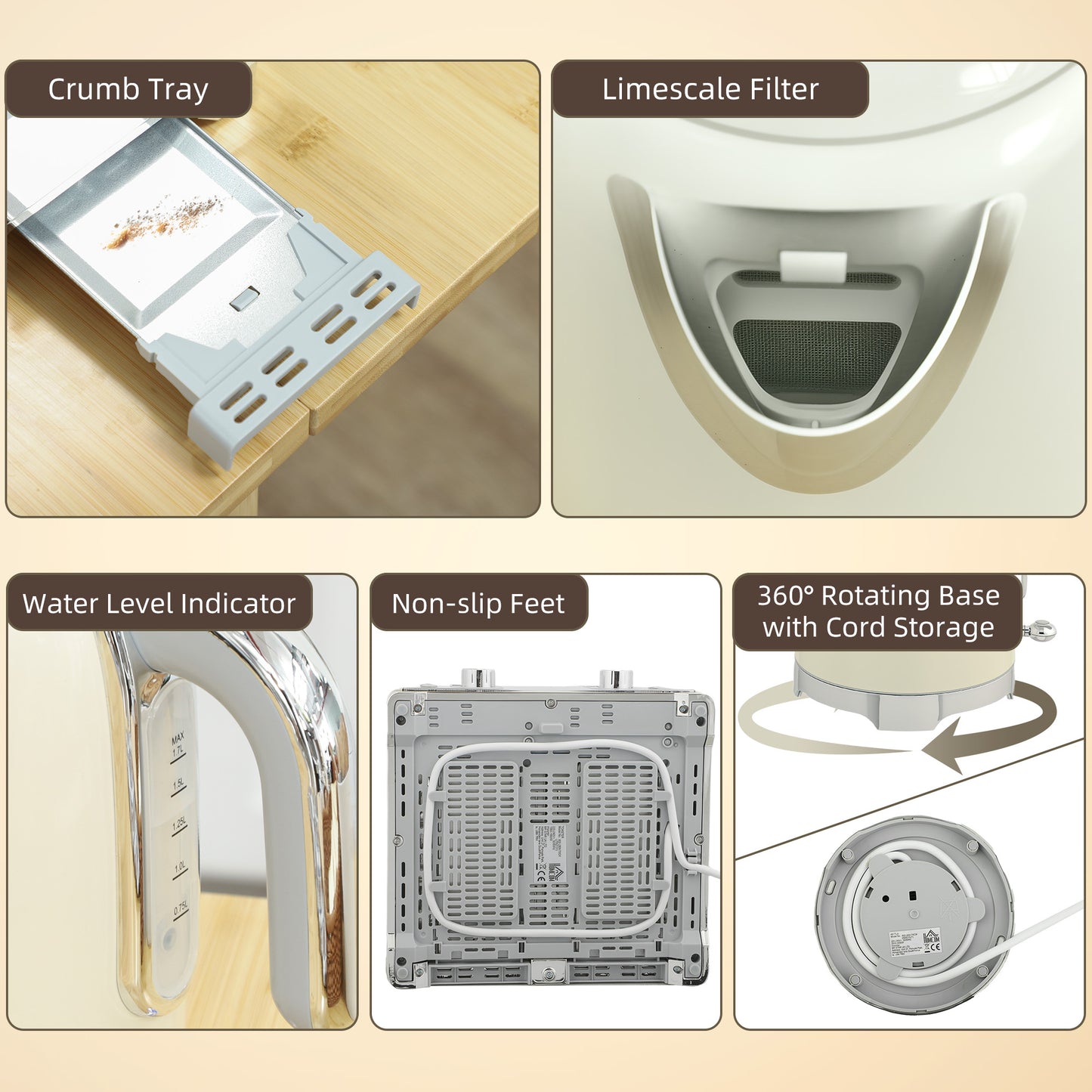 3000W 1.7L Kettle with Retro Thermometer, 4 Slice Toaster Set, Cream