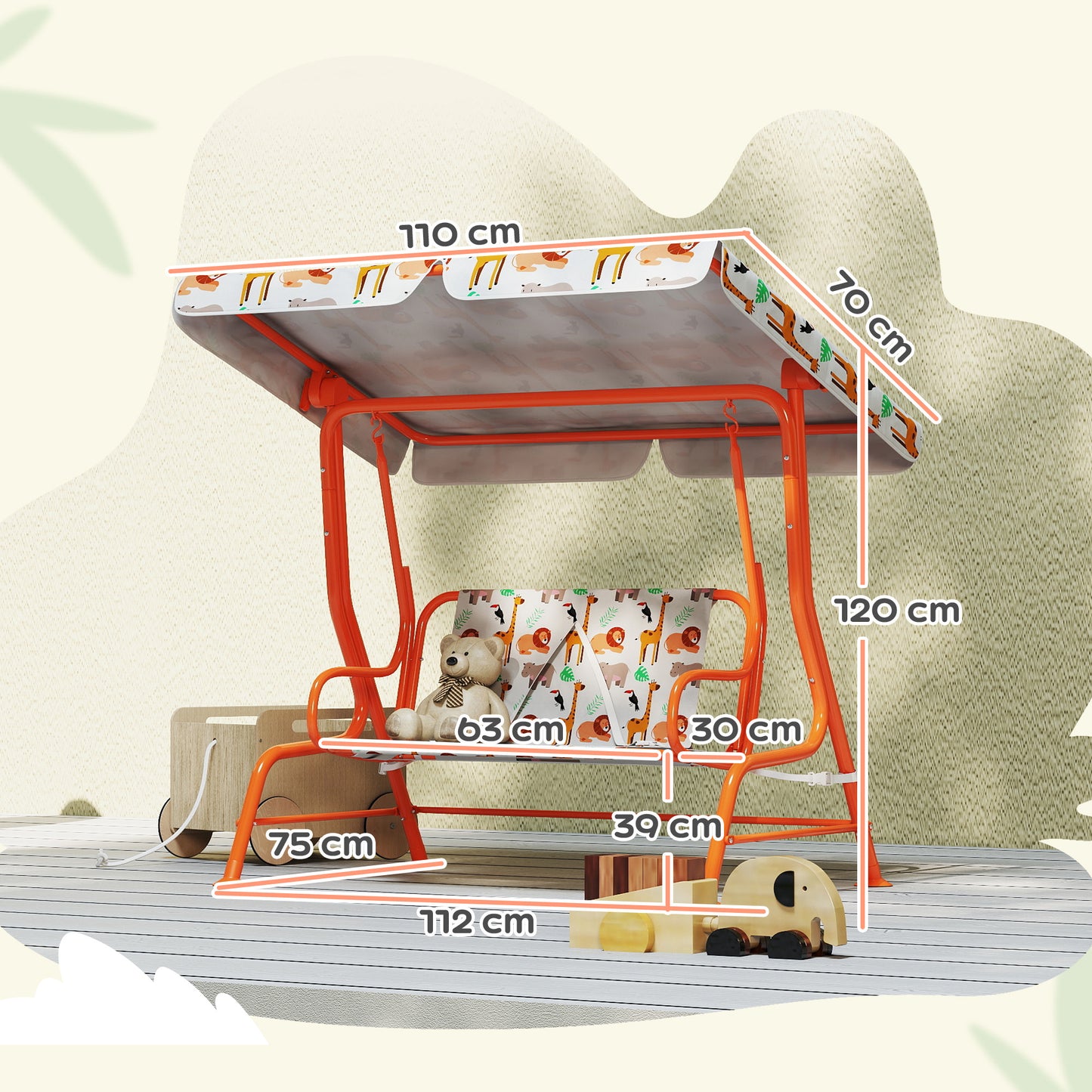 Kids Porch Swing with Seat Belts, Adjustable Canopy, Orange