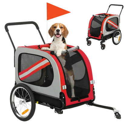 Dog Bike Trailer, 2 in 1 Foldable Pet Stroller Security Harness, Reflectors, Quick Release Wheels, Flag, for Medium Dogs, 134L x 60W x 101H cm, Red