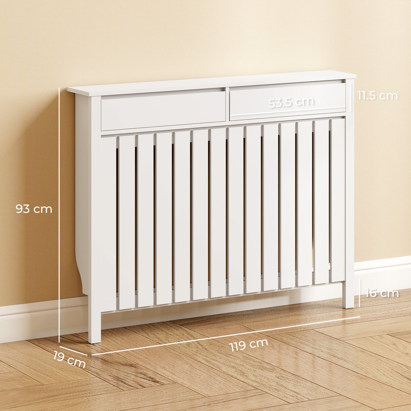 Large Radiator Cover with Drawers and Vertical Slats 119 x 19 x 93cm