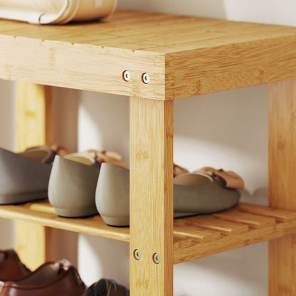 3-Tier Bamboo Shoe Bench with 2 Shelves for Entryway, Wood Finish