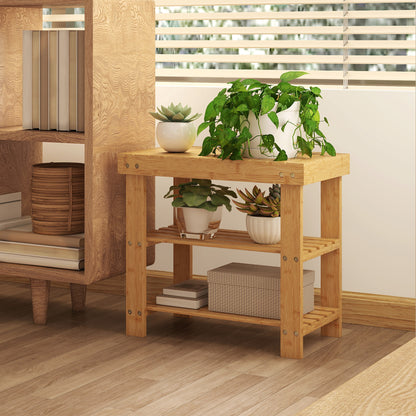 3-Tier Bamboo Shoe Bench with 2 Shelves for Entryway, Wood Finish
