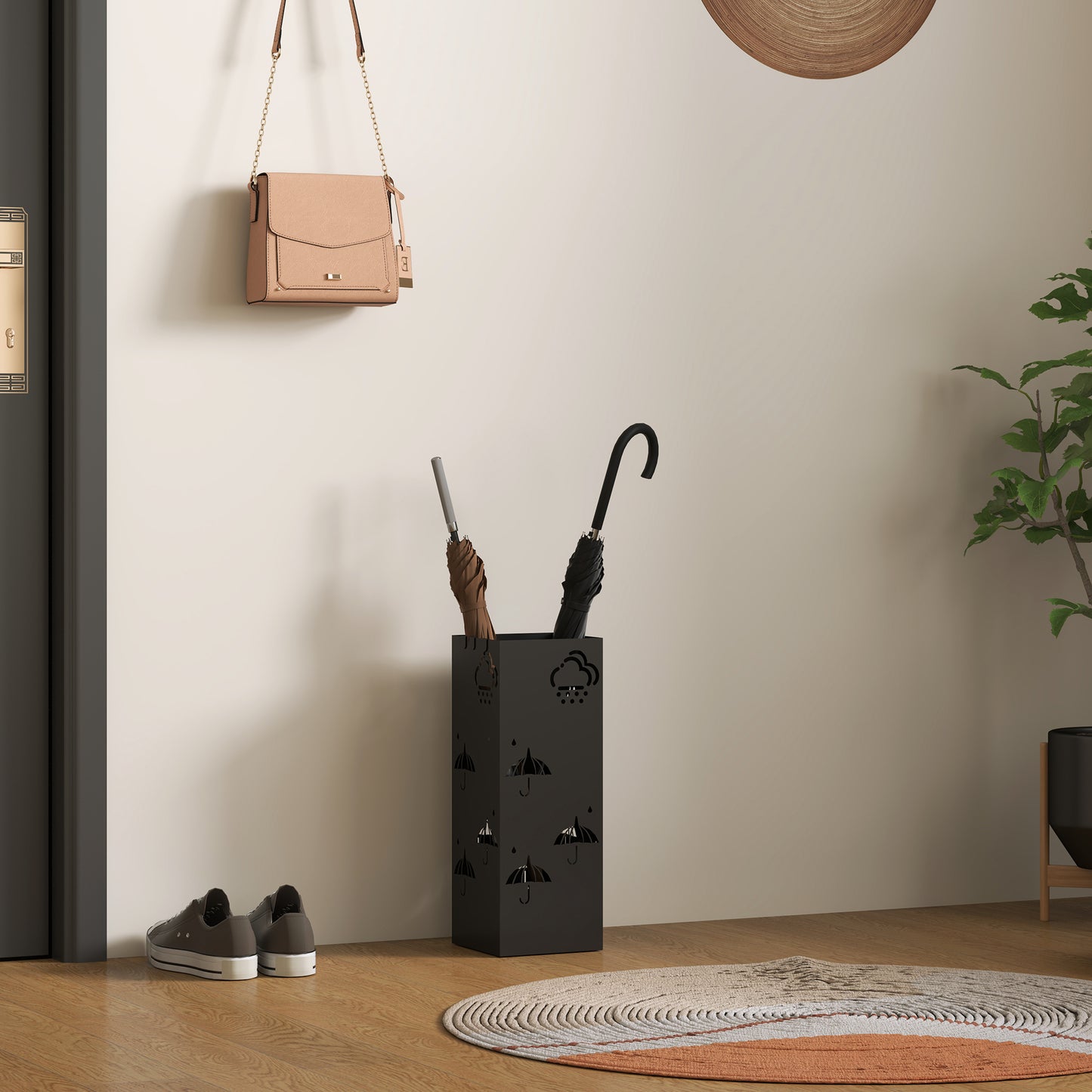 Decorative Umbrella Holder w/ Drip Tray 4 Hooks for Entryway Black