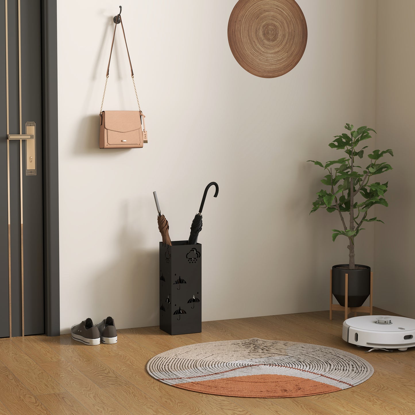 Decorative Umbrella Holder w/ Drip Tray 4 Hooks for Entryway Black