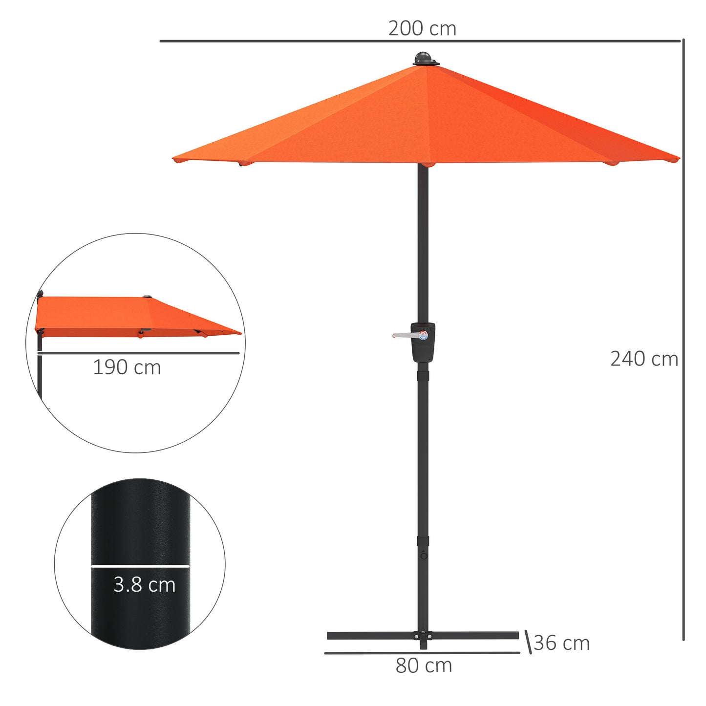 2m Half Garden Parasol Market Umbrella w/ Crank Handle, Orange