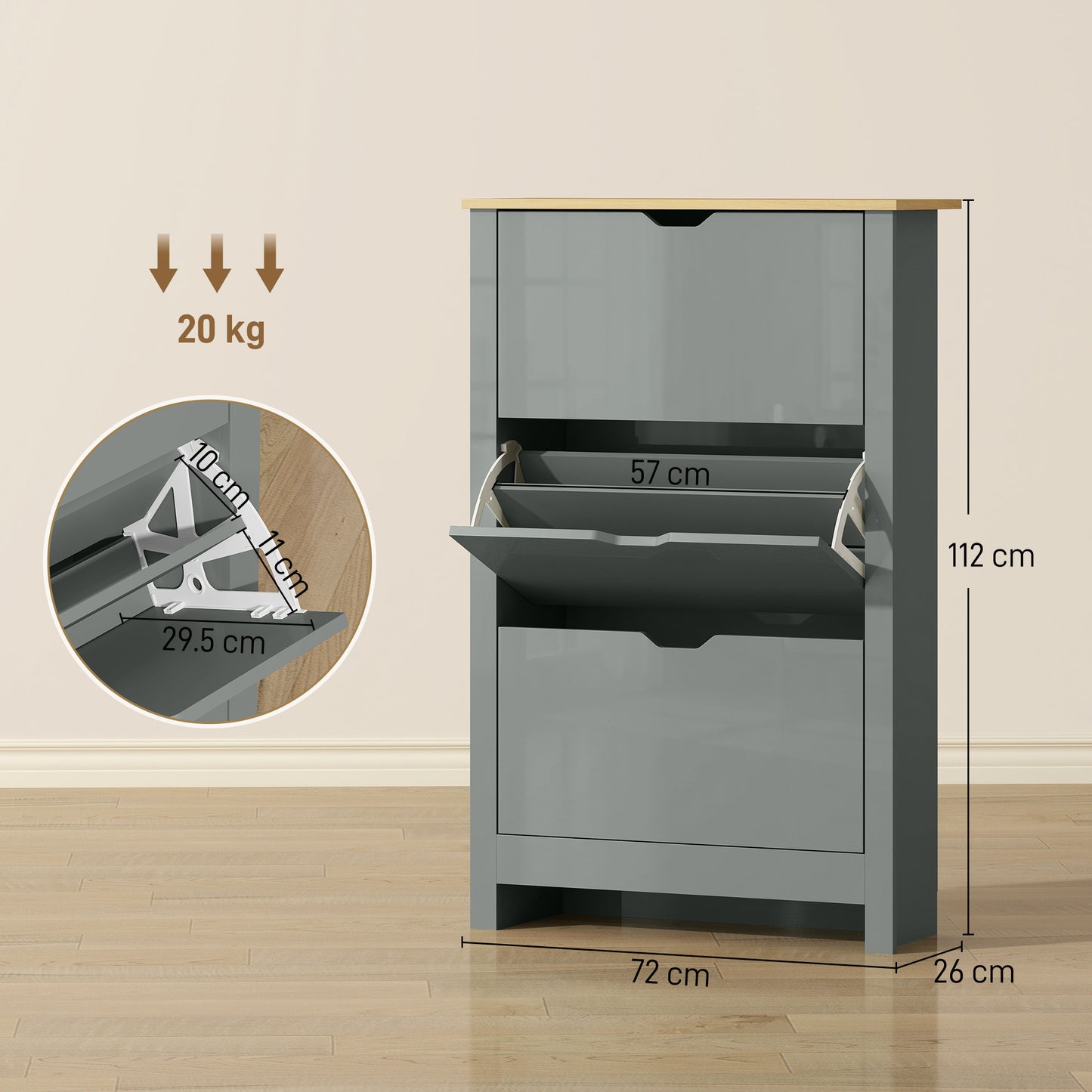 18-Shoe Storage Cabinet 6 Shelves 3 Drawers Tabletop Light Grey
