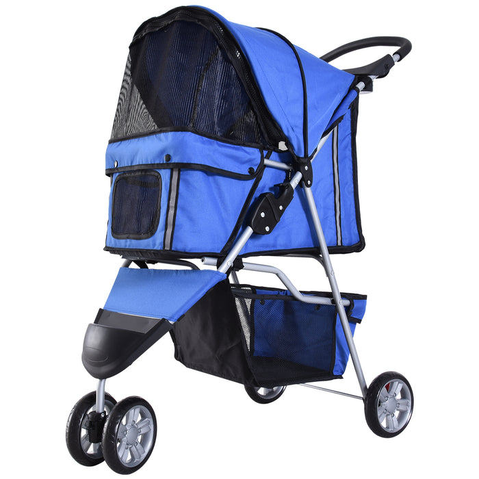 Dog Pram Pet Travel Stroller Dog Pushchair W/Three Wheels-Blue