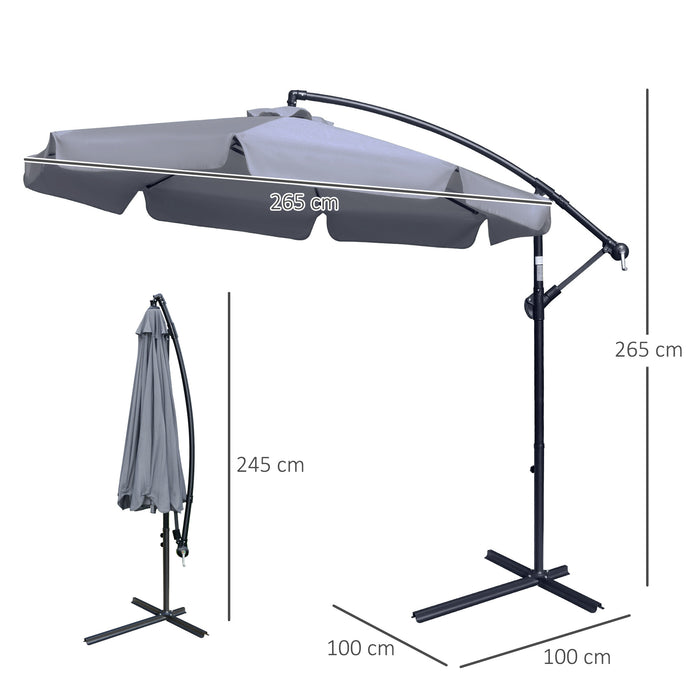 2.7m Banana Parasol Cantilever Umbrella with Crank Handle and Cross Base for Outdoor, Hanging Sun Shade, Grey