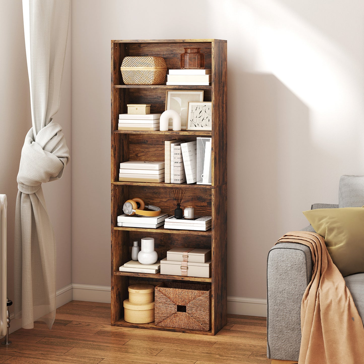 6 Tier Bookshelf, Freestanding Bookcase with Adjustable Shelves, Brown