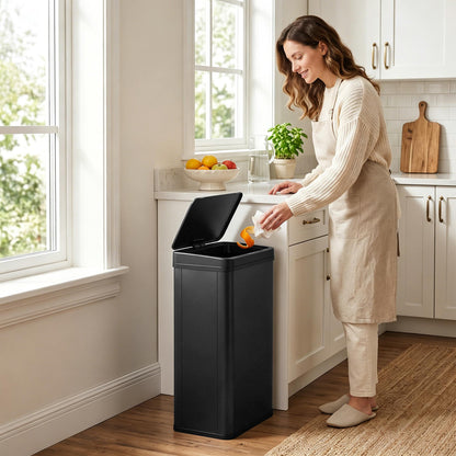 50L Sensor Bin with Quiet Soft-Close Lid, Automatic Touchless Motion Sensor Kitchen Bin with Fingerprint Resistant Stainless Steel for Hygienic Gyms, Home Office Use, Black