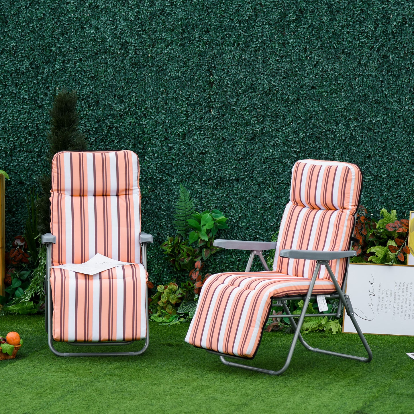 Set of 2 Adjustable Sun Lounger Recliner Reclining Seat Orange/White