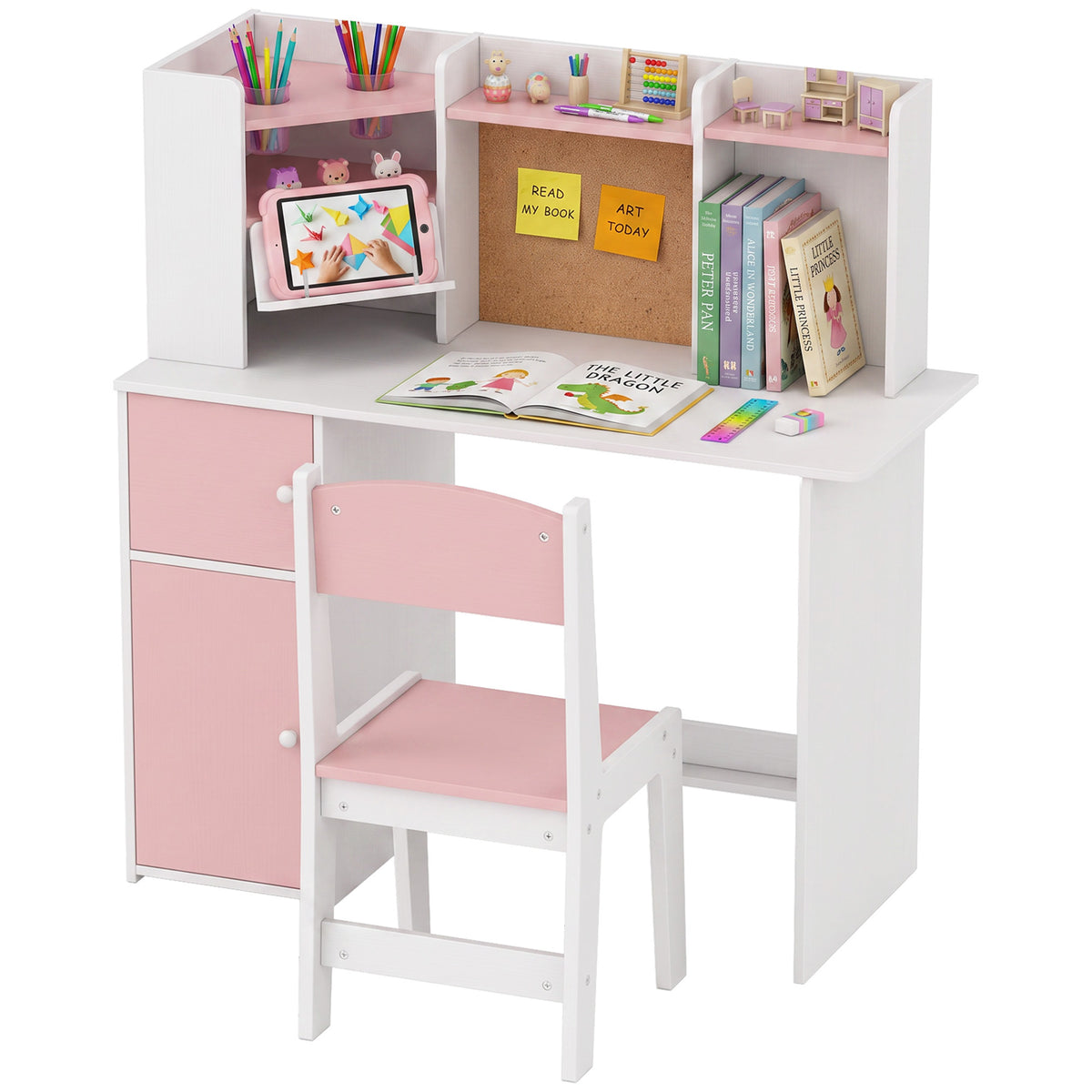 Kids Desk and Chair Set w/ Cabinets for Ages 5-12 Years, Pink