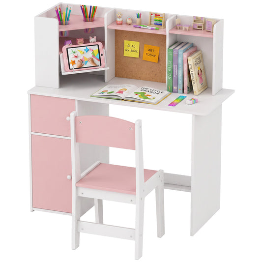 Kids Desk and Chair Set w/ Cabinets for Ages 5-12 Years, Pink