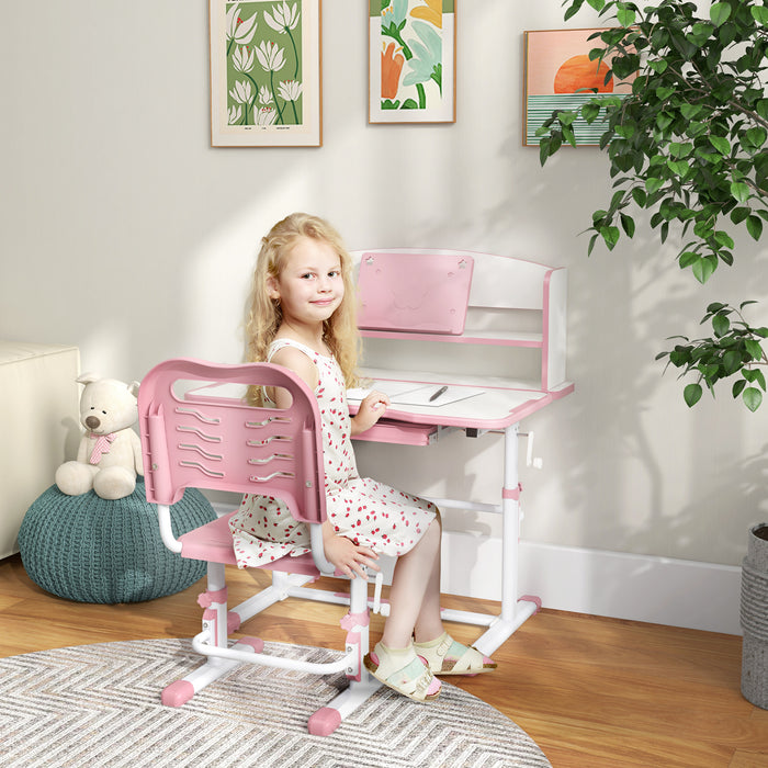 ZONEKIZ Height Adjustable Kids Study Table and Chair Set, with Drawer, Storage Shelf, 80 x 54.5 x 104 cm, Pink