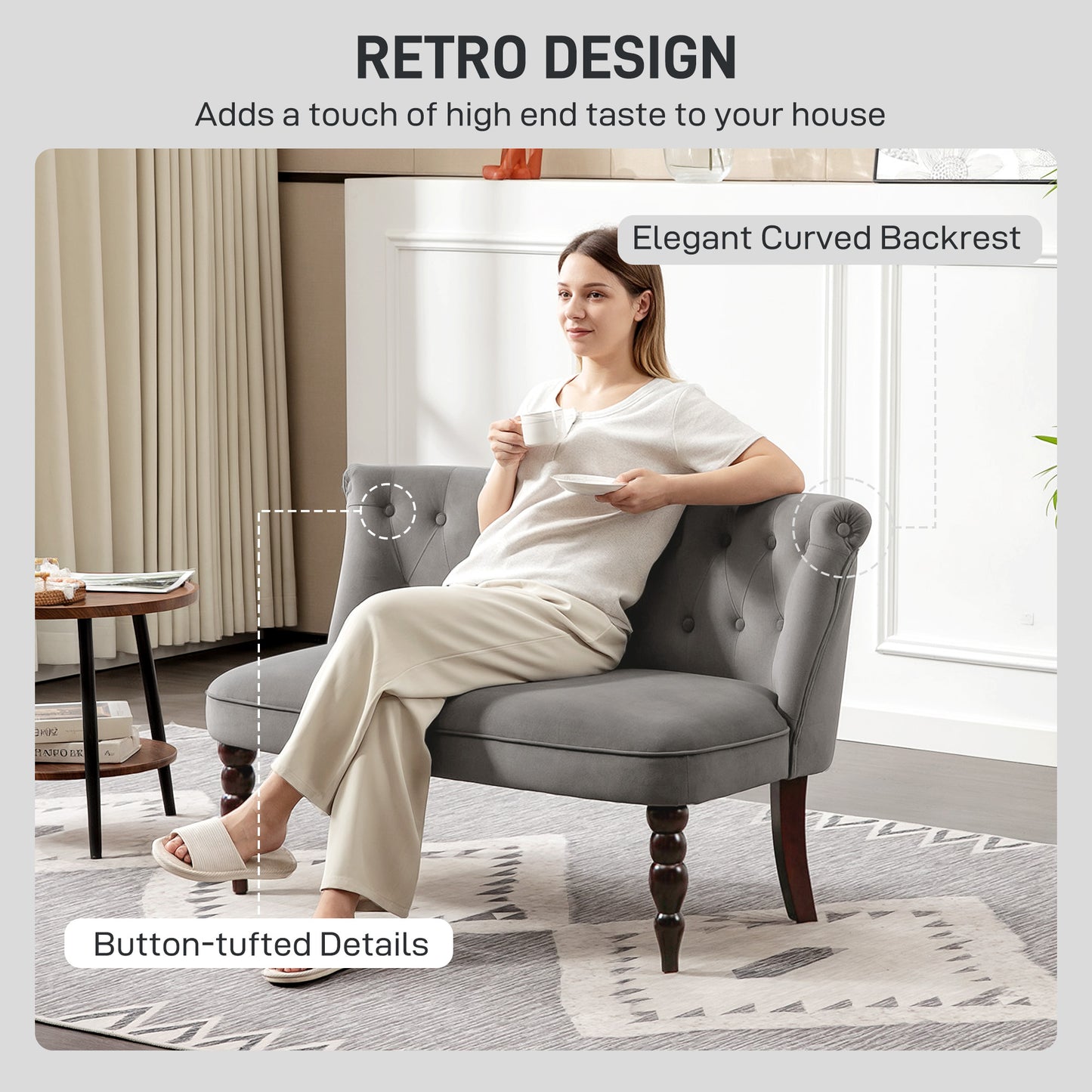 Velvet-Feel Two-Seat Lounger Sofa with Wood Frame, Charcoal Grey