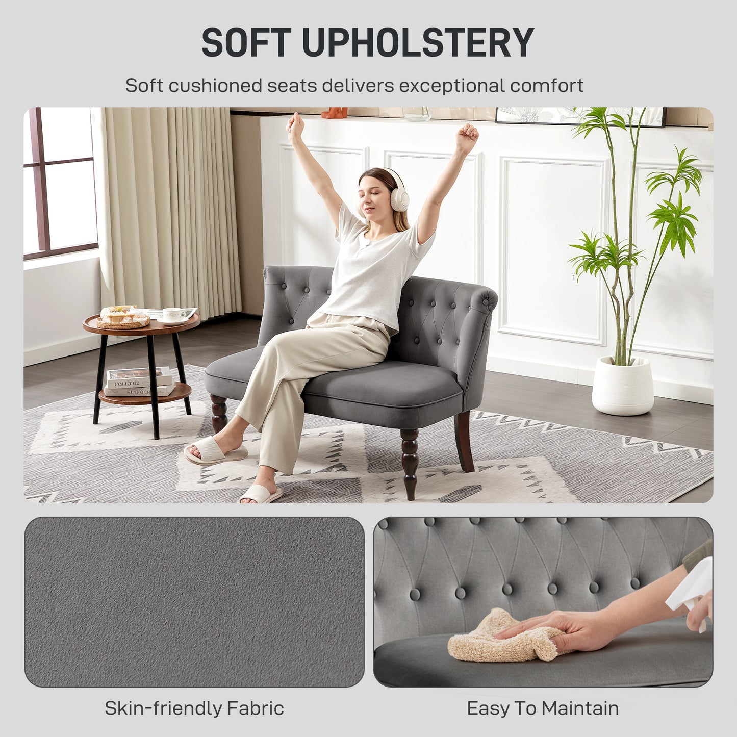 Velvet-Feel Two-Seat Lounger Sofa with Wood Frame, Charcoal Grey