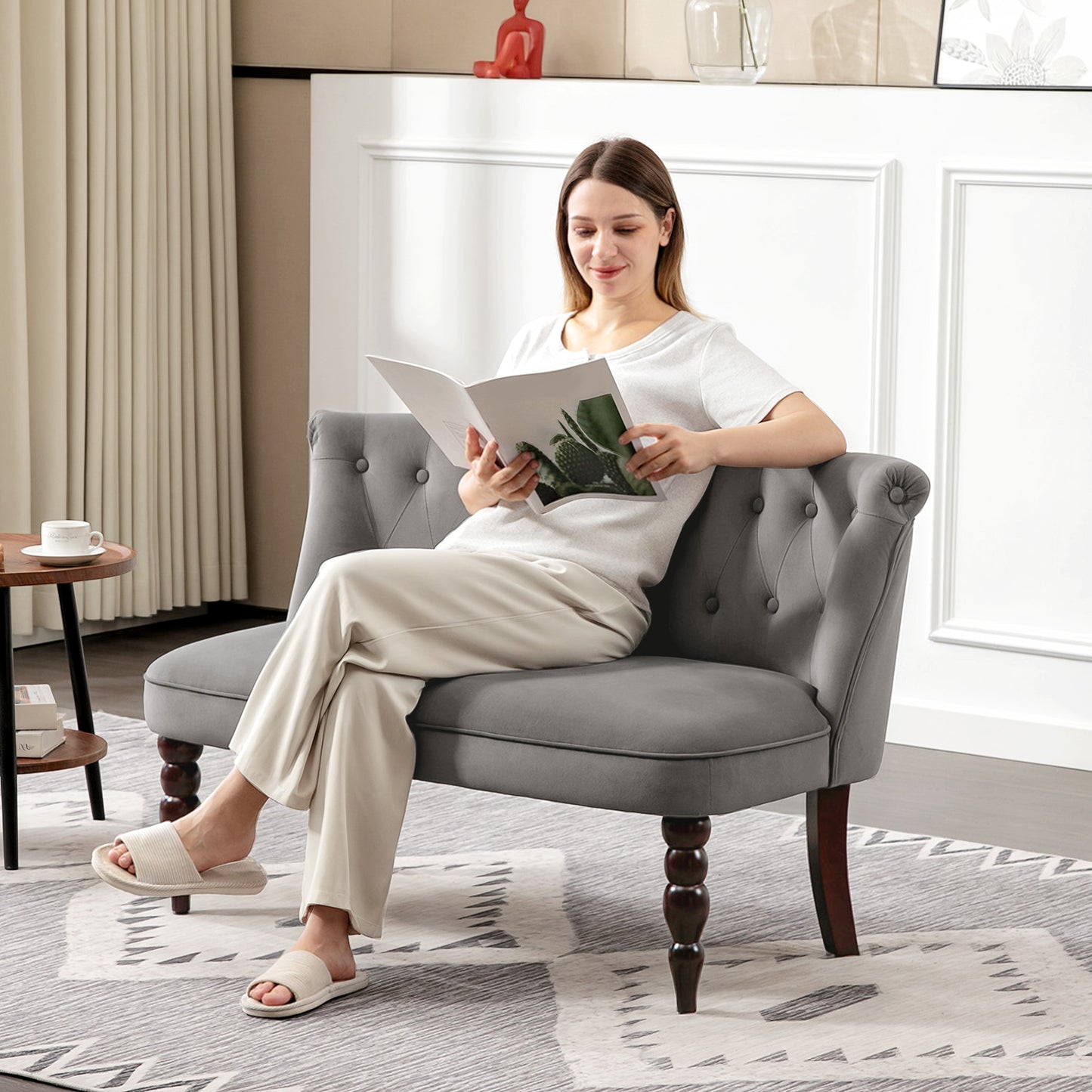 Velvet-Feel Two-Seat Lounger Sofa with Wood Frame, Charcoal Grey