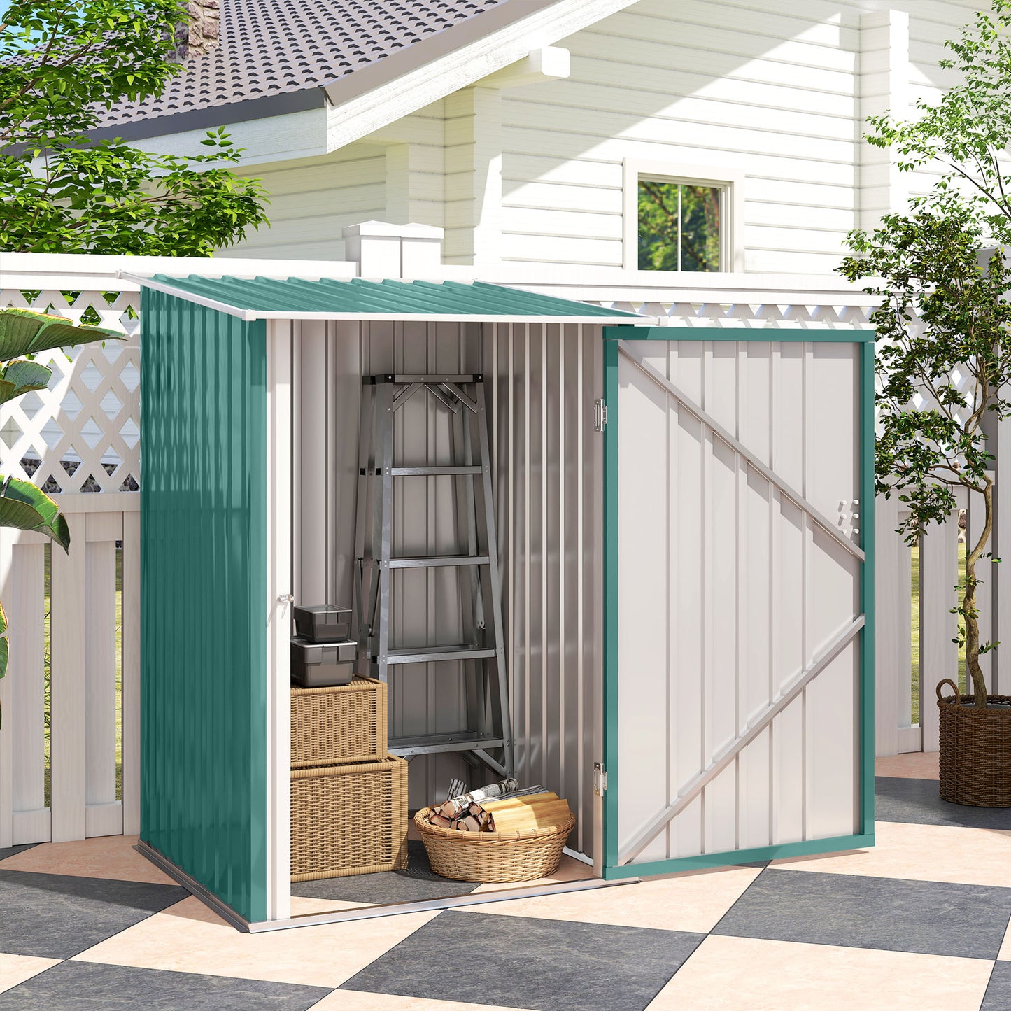 3.3ft x 3.4ft Lean to Garden Shed, Metal Outdoor Storage Shed with Single Lockable Door, Tool Storage Shed for Garden, Patio, Lawn, Green