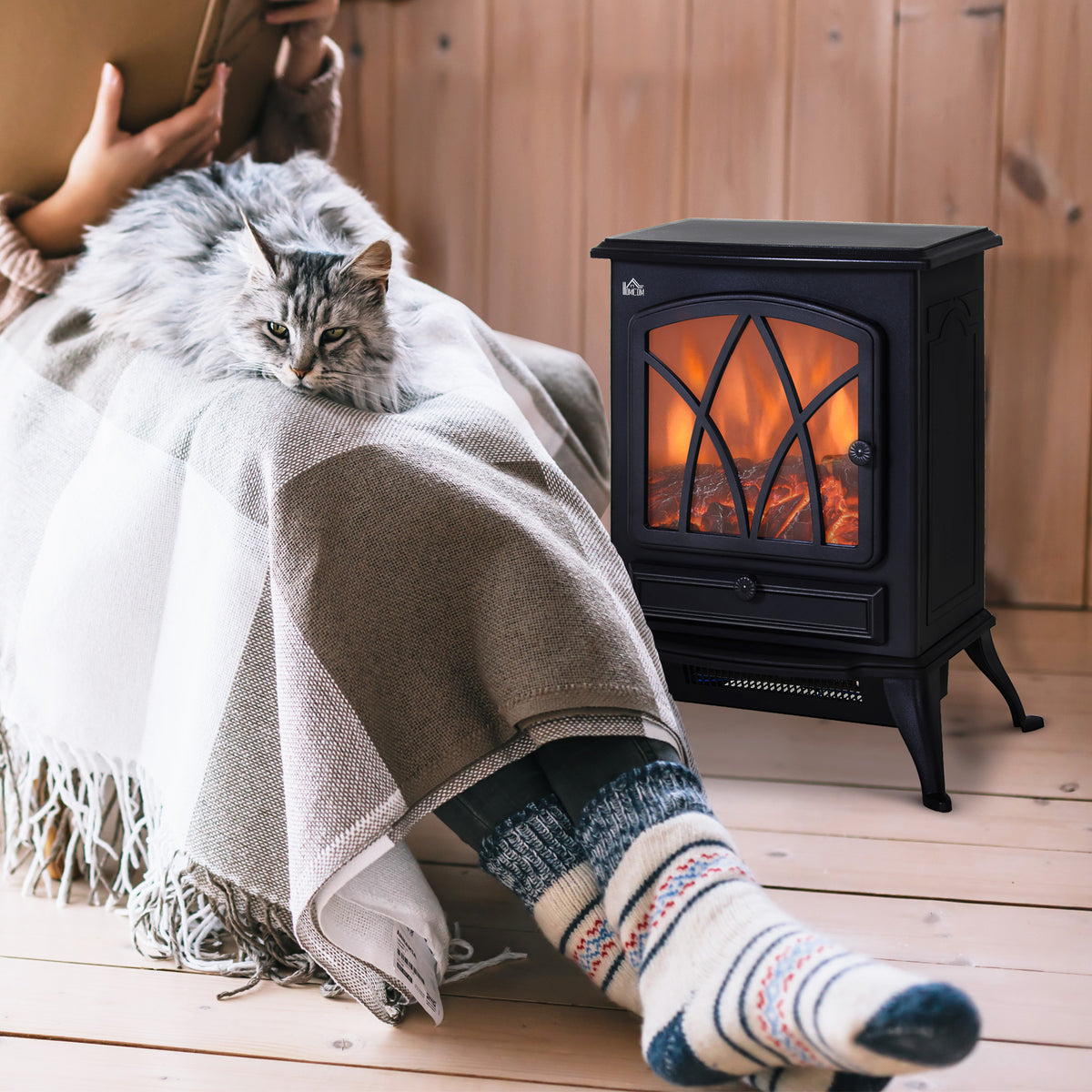 Free Standing Fireplace Flame Effect Electric Heater Log Burning Black