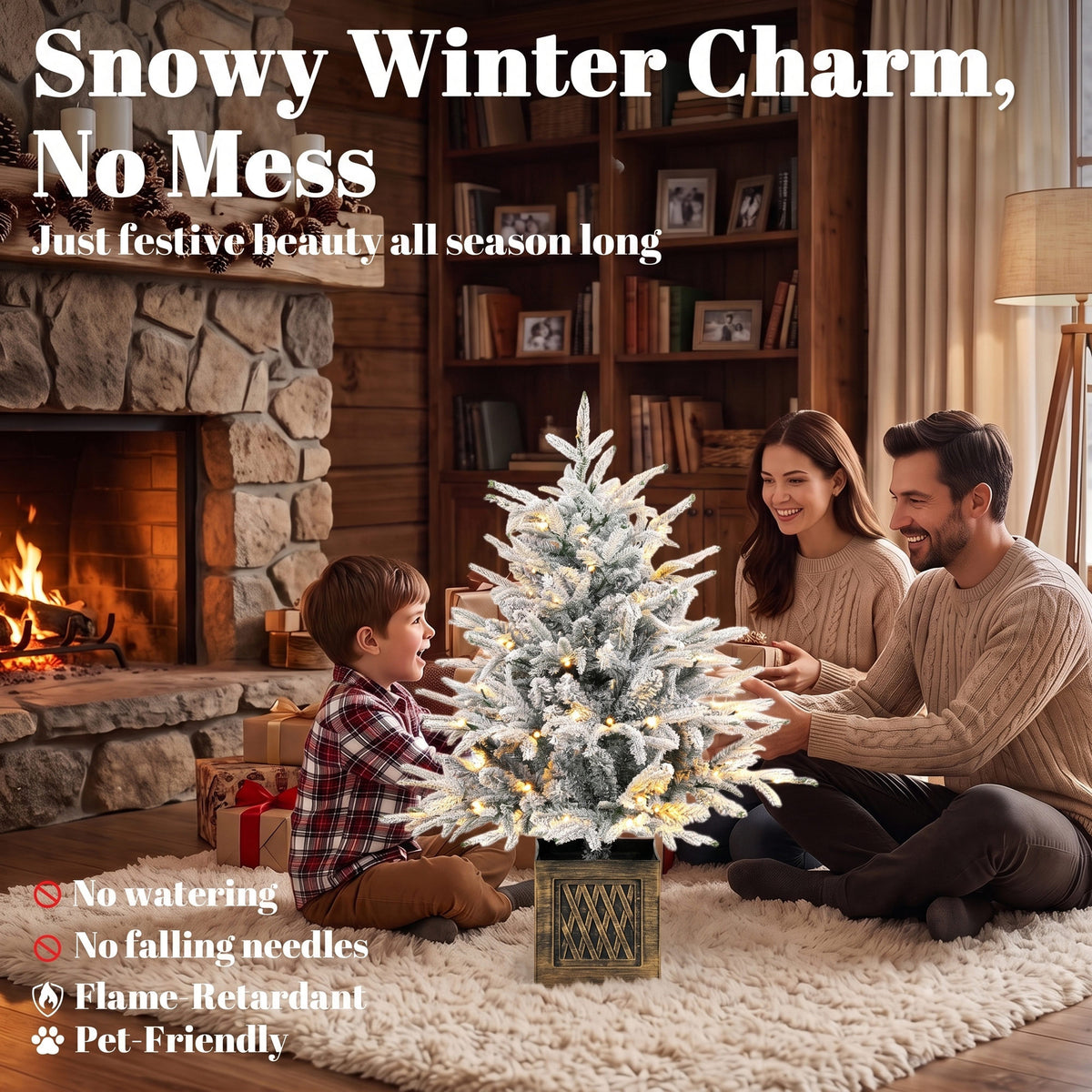 90 cm Prelit Flocked Table Christmas Tree, Base Stand, Green White