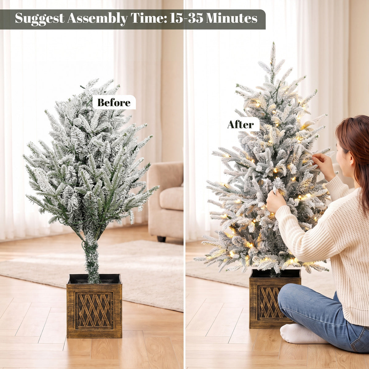 90 cm Prelit Flocked Table Christmas Tree, Base Stand, Green White