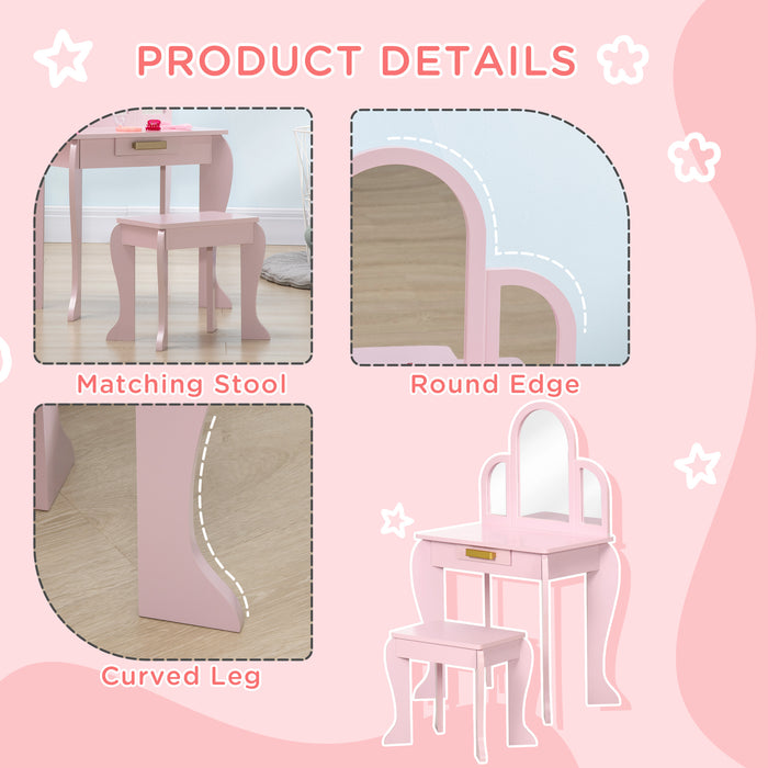 Kids Dressing Table with Mirror and Stool, Kids Vanity Set, Girl Makeup Desk with Drawer for 3-6 Years Old Children, Pink