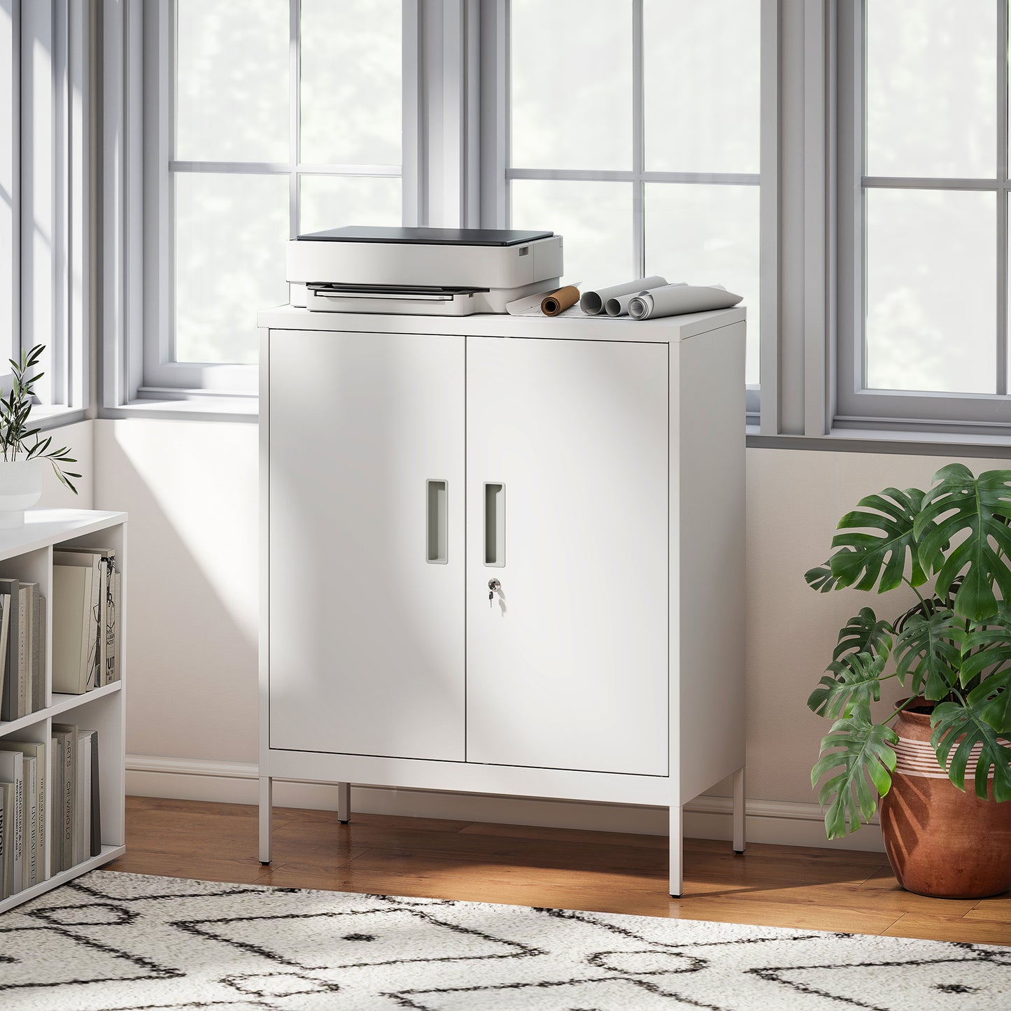 Metal Storage Cabinet with Lock for Home Office, Garage, Study, White