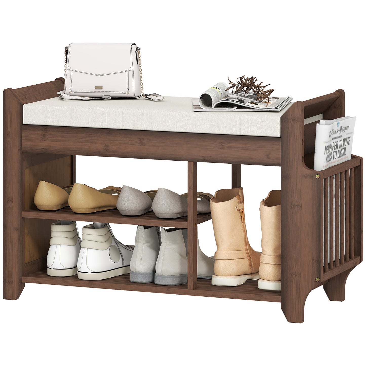 Shoe Bench with Cushioned Seat, Shoe Storage Bench with Side Holder and Boot Section, 2-Tier Natural Bamboo Entryway Rack for Hallway, Living Room, 80 x 30 x 50 cm, Dark Brown and Cream