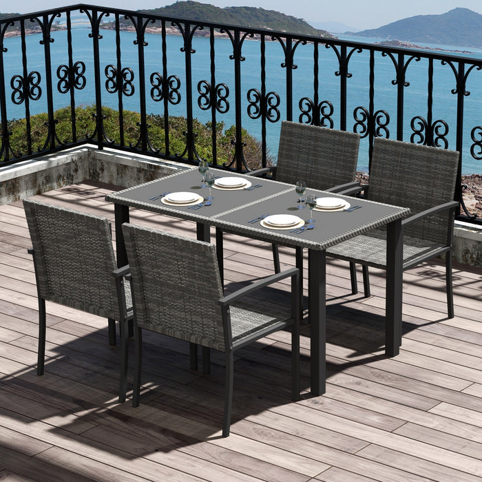 Outdoor Dining Set 5 Pieces Patio Conservatory with Tempered Glass Tabletop,4 Dining Chairs - Grey