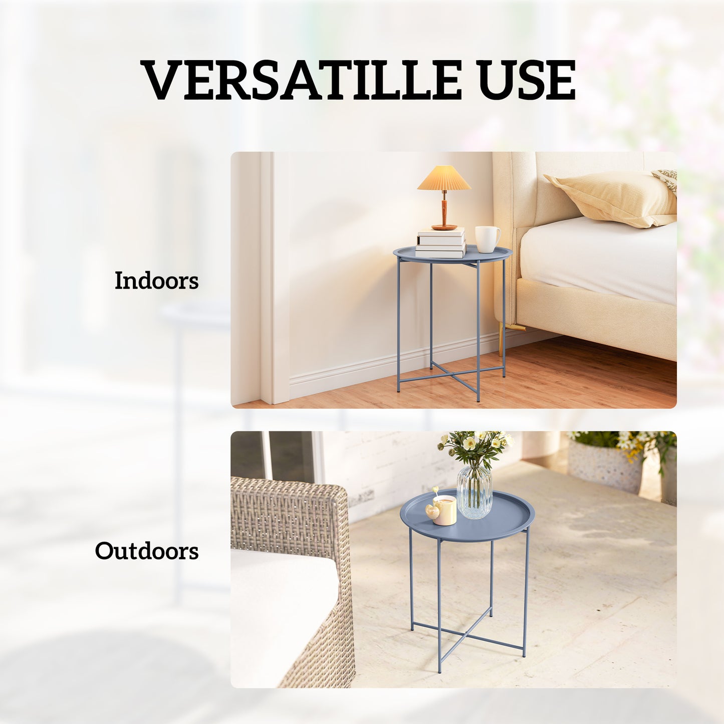 46cm Round Garden Table Side Table with Removable Tray, Blue Grey