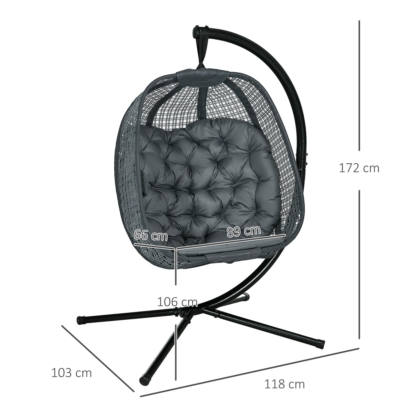 Outdoor Swing Chair w/ Thick Padded Cushion, Patio Hanging Chair w/ Metal Stand, Foldable Basket, Cup Holder, Grey