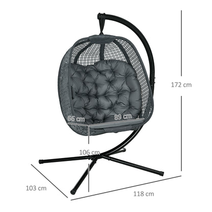 Outdoor Swing Chair w/ Thick Padded Cushion, Patio Hanging Chair w/ Metal Stand, Foldable Basket, Cup Holder, Grey