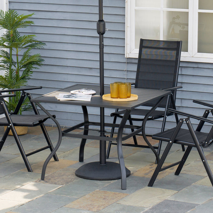 Garden Table with Parasol Hole, Outdoor Dining Garden Table for Four, Square Patio Table with Slatted Metal Plate Top, Black