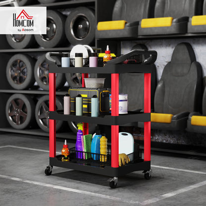 3-Tier Rolling Tool Cart, Tool Trolley on Wheels, Plastic Mobile Service Utility Cart with Handles for Garage, Mechanics and Warehouse, 91kg Capacity, Black and Red
