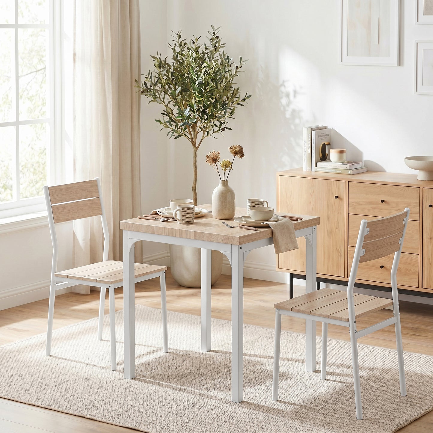 3 Pcs Compact Dining Table 2 Chairs Set, Oak Wood Effect