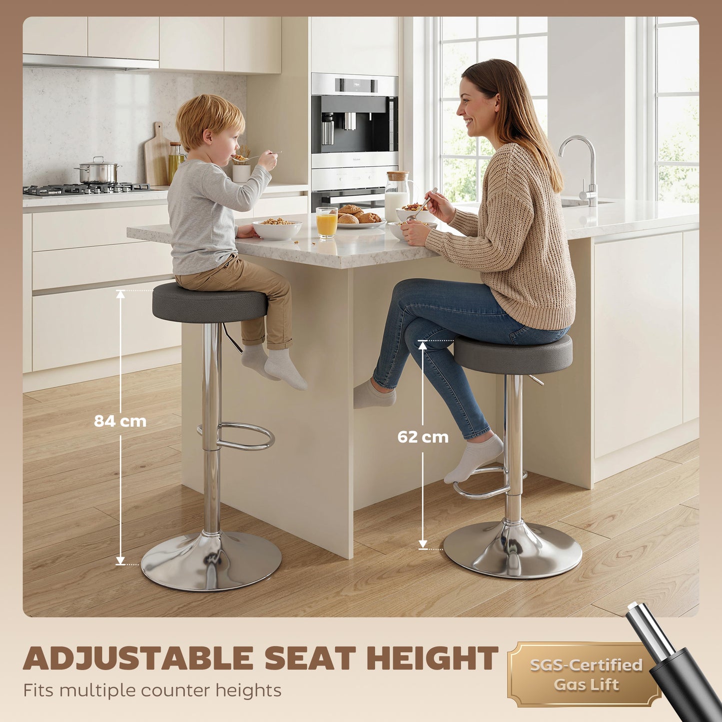 Bar Stools Set of 2, Height Adjustable Breakfast Bar Chairs, Grey