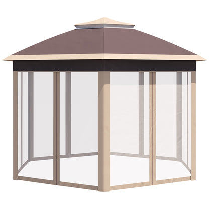 Hexagon Pop Up Gazebo Outdoor Patio Gazebo Double Roof Instant Shelter with Netting, 3 x 4m, Khaki