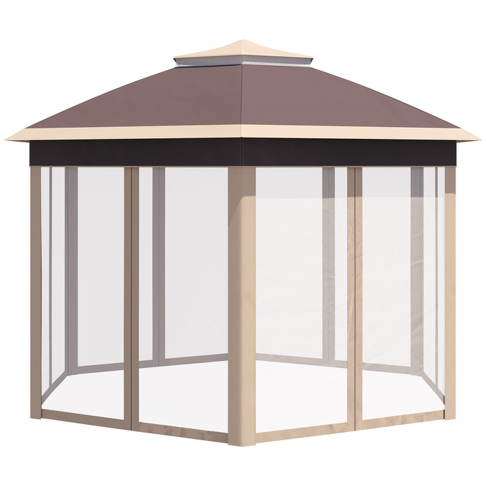 Hexagon Pop Up Gazebo Outdoor Patio Gazebo Double Roof Instant Shelter with Netting, 3 x 4m, Khaki