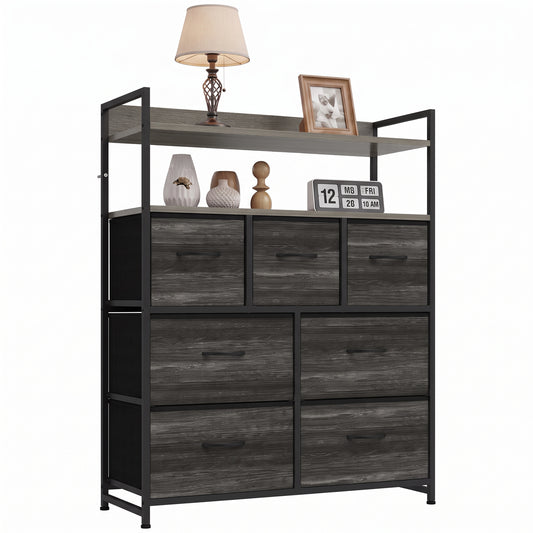 7-Drawer Fabric Chest with 2 Shelves and Steel Frame - Grey Wood Effect