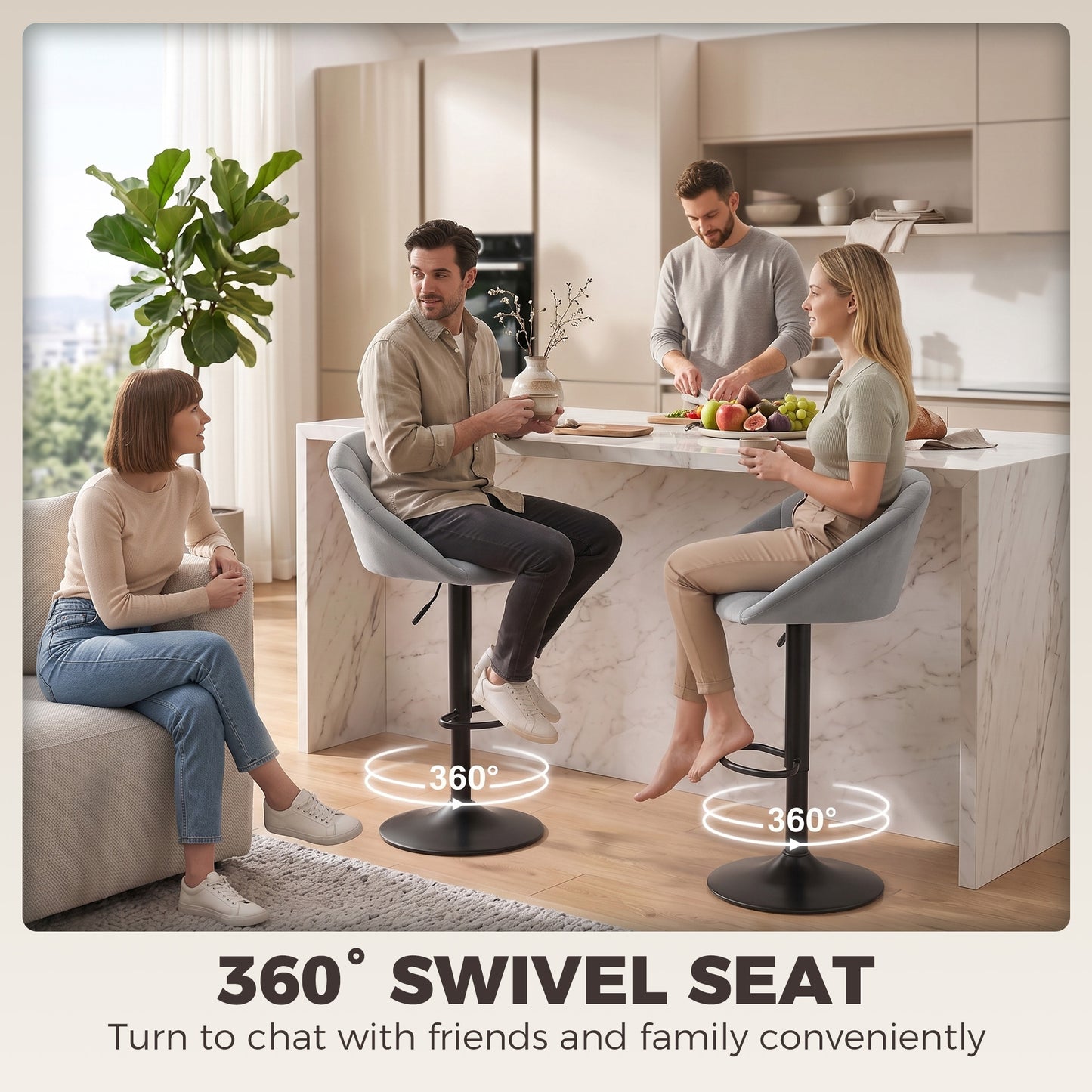 Bar Stools Set of 2 Velvet Adjustable Swivel Light Grey