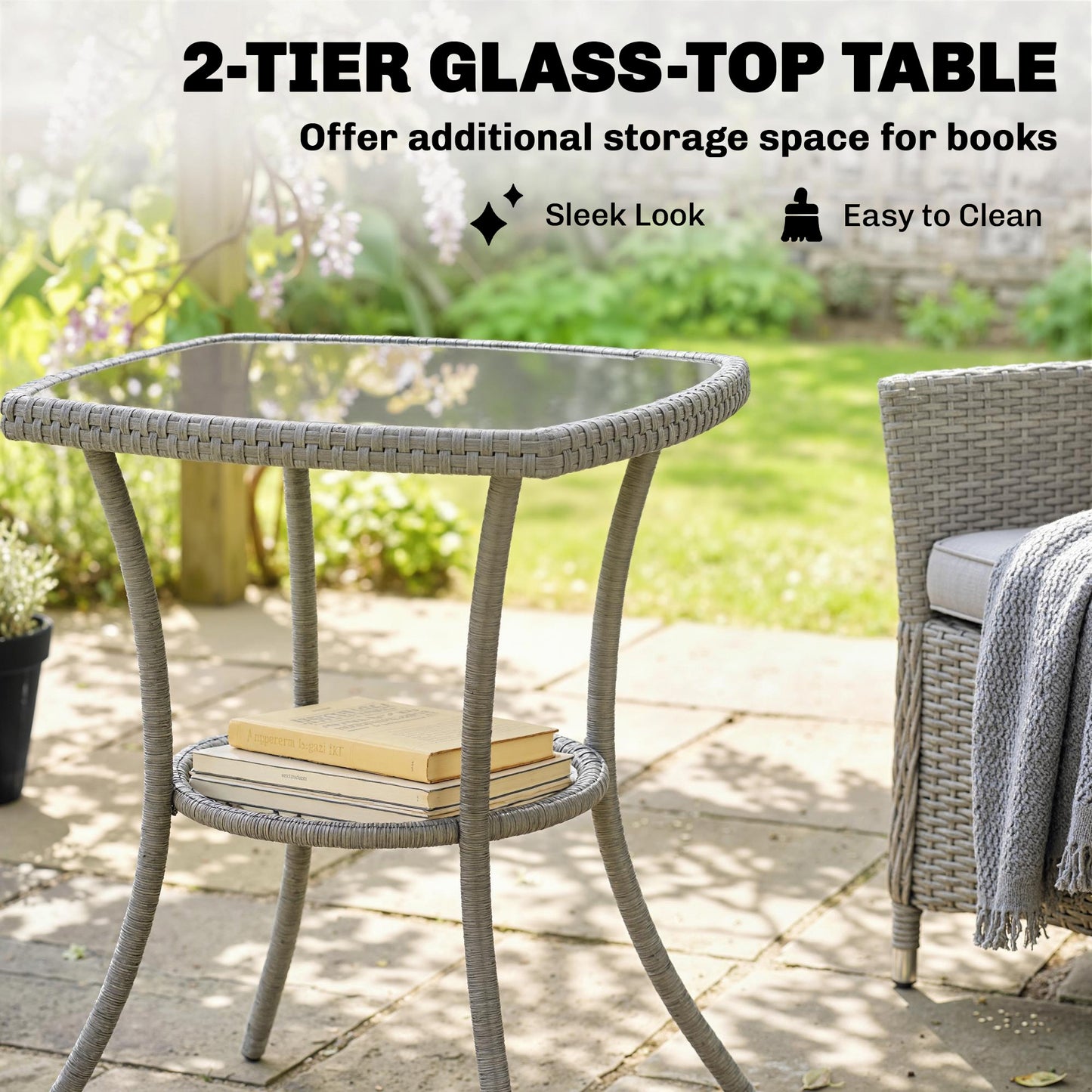 3 Piece Rattan Bistro Set with 2 Tier Glass-Top Table, Chairs