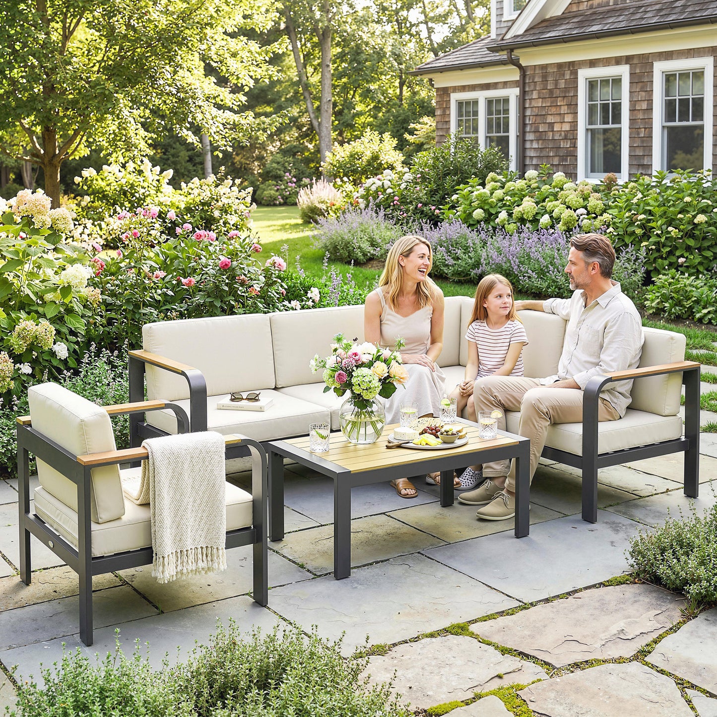 Garden Furniture Set with L-Shaped Sofa, Armchair and Table
