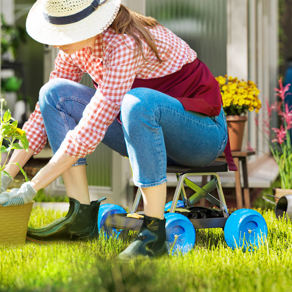 Garden Cart with Wheels, Tool Tray for Weeding, Planting, Blue