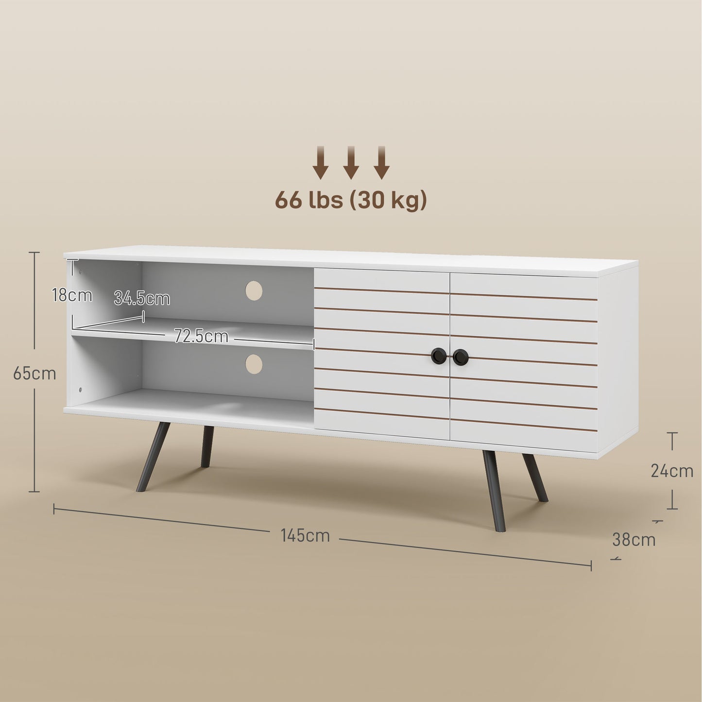 TV Unit for 65" TVs with 2 Open Shelves, Door and 2 Cable Holes, White