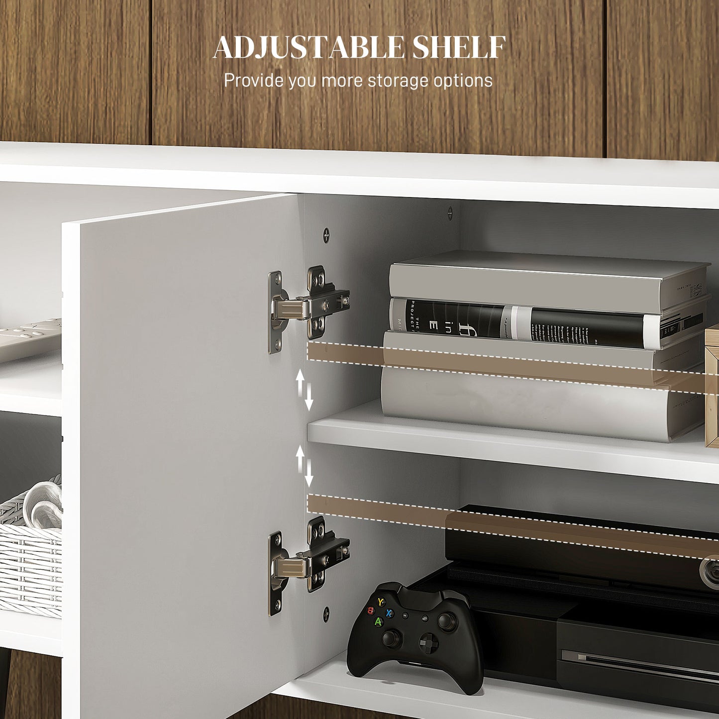 TV Unit for 65" TVs with 2 Open Shelves, Door and 2 Cable Holes, White