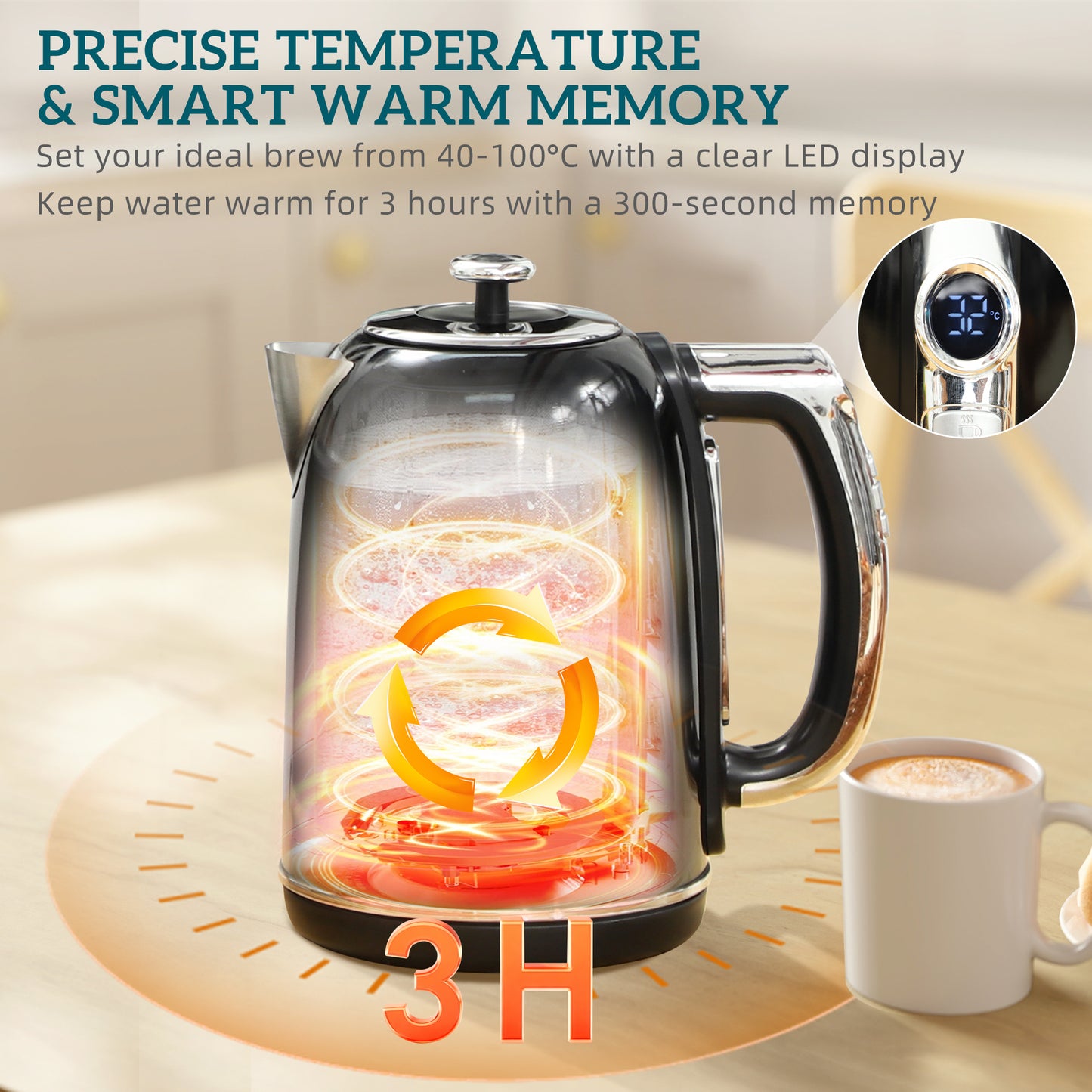 1.7L 3000W Kettle and 2 Slice Toaster with Keep Warm Memory Function
