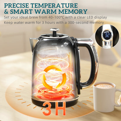 1.7L 3000W Kettle and 2 Slice Toaster with Keep Warm Memory Function
