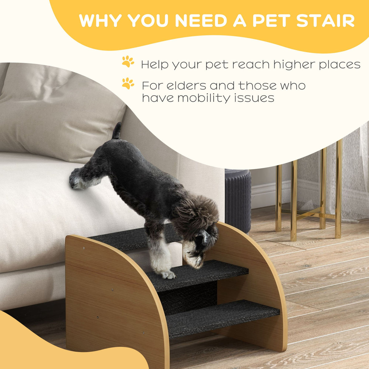 Dog Steps for Sofa and Bed, 3-Step Dog Stairs, Pet Stairs, Oak Finish